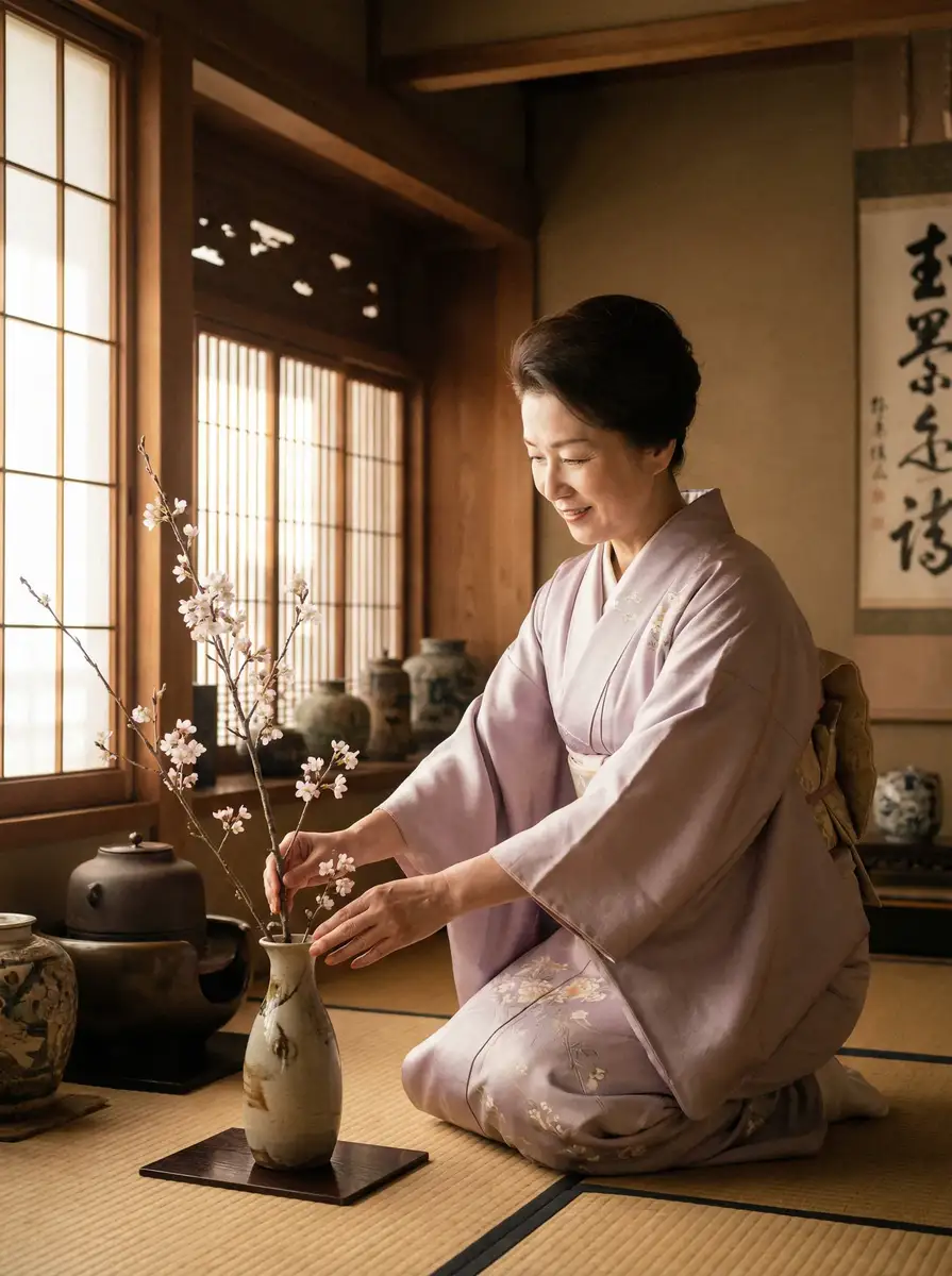 一位优雅的 BETWAY体育平台 在和室中插花